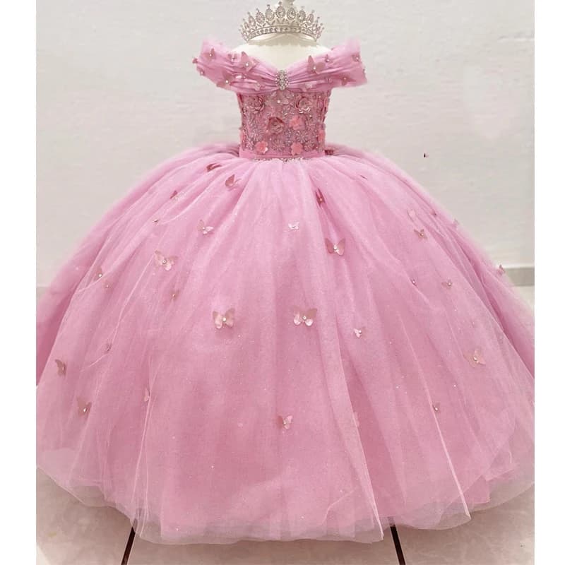 Le ragazze di fiori lucidi rosa vestono l'abito da ballo della principessa con spalle scoperte per il compleanno cristalli di pizzo perline fiocco abiti para nias