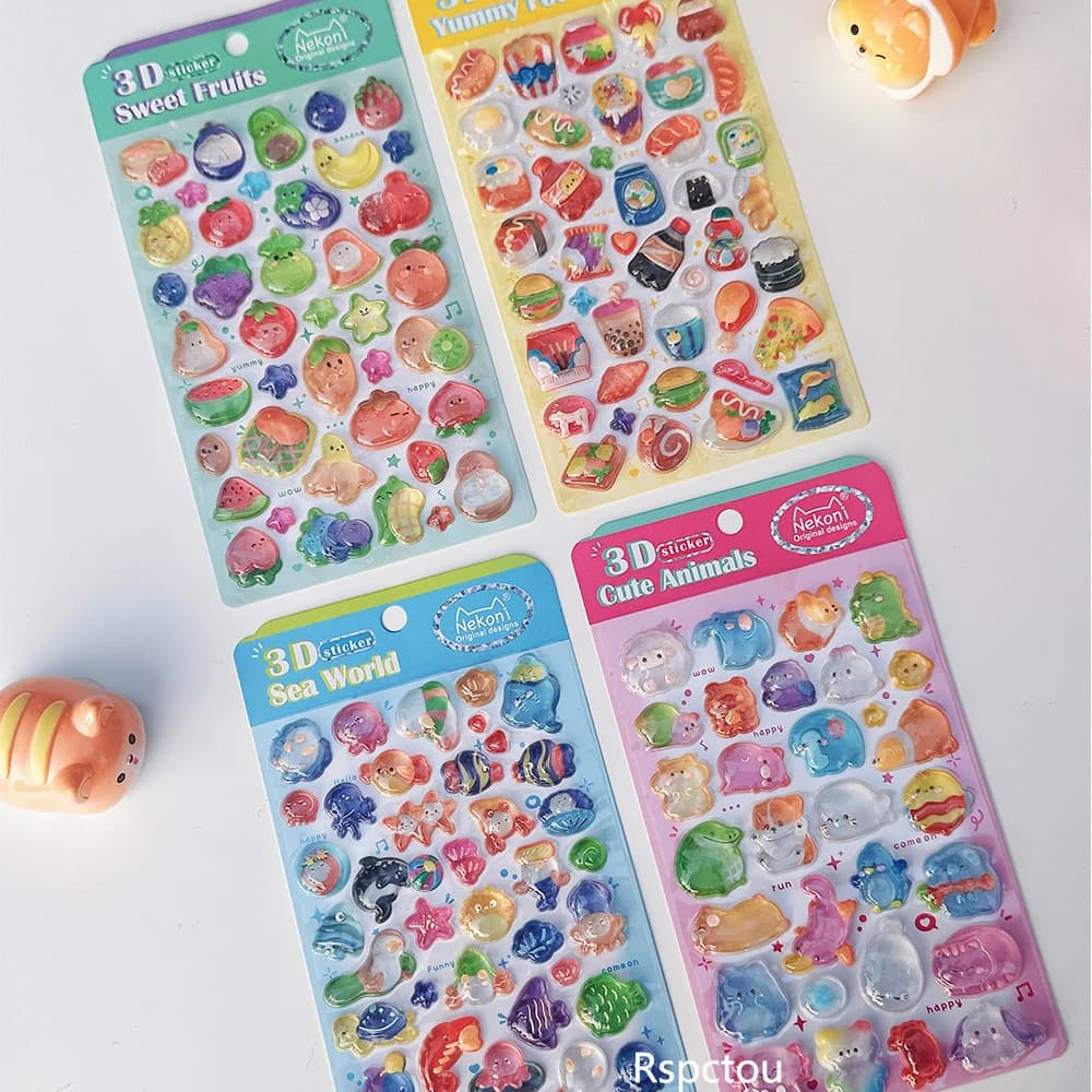 1 Piece Crystal 3D Stickers with Animals and Fruits Kawaii, Three-dimensional Wall decals in Diary Relief, Telephone, Helmet, Laptop, Carine Decorations, Gift