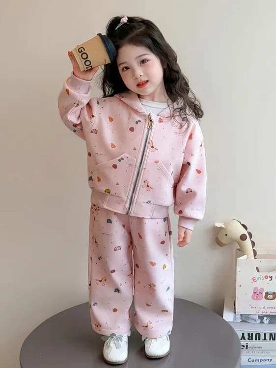 Two-piece knitted shirt for girls Spring 2026, fashionable, printed, casual, sports, elastic, long sleeves, medium waist