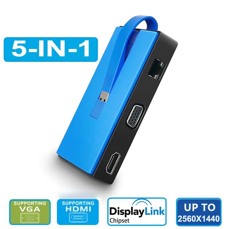 Adattatore video da USB 3.0 a HDMI VGA - Chip DisplayLink - Convertitore video USB 3.0 a HDMI VGA RJ45 5-IN-1 per Mac OS, Windows 11/10