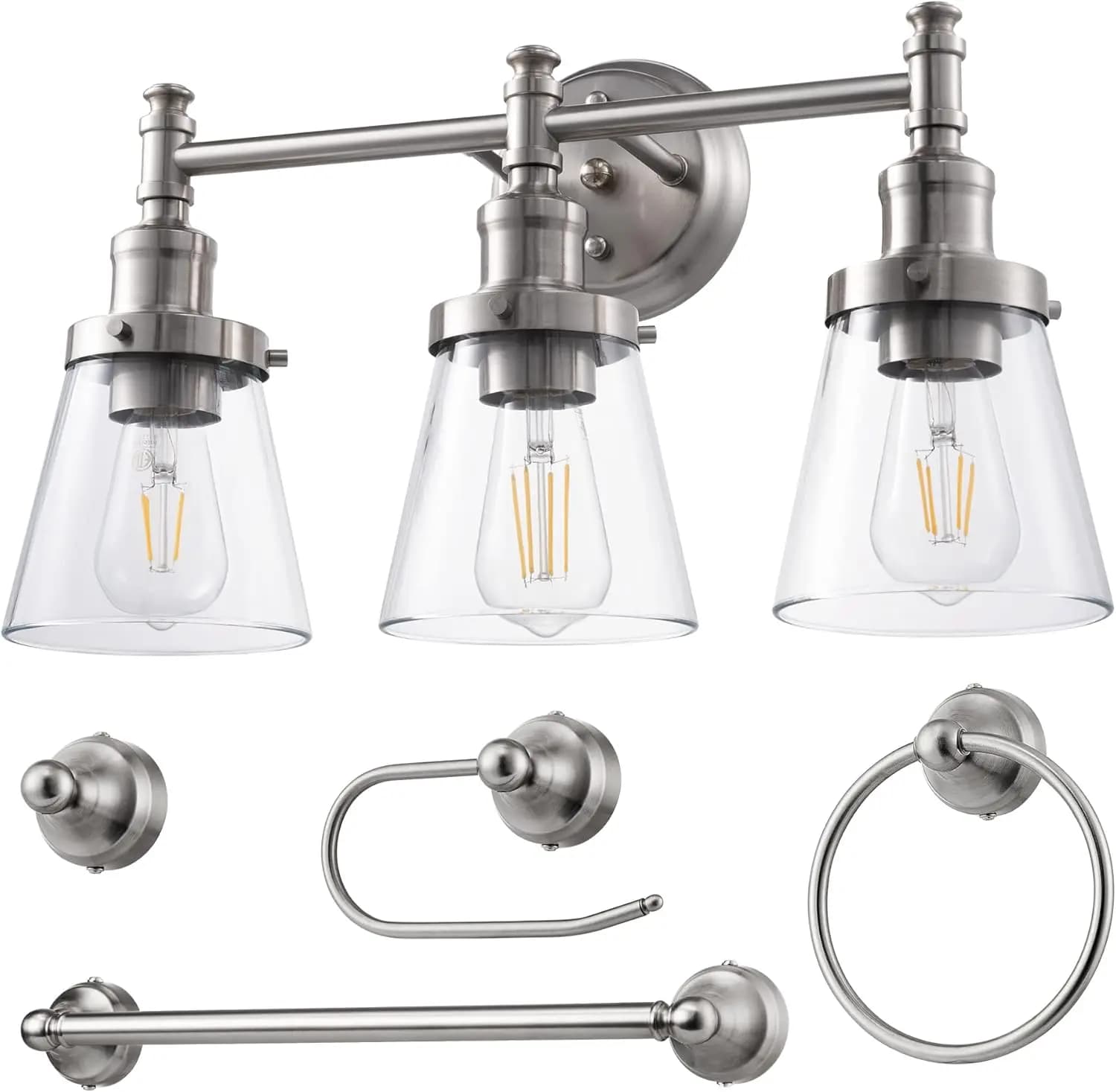 Set di 5 Accessori per Bagno con Finitura Nichel Spazzolato, Paralumi in Vetro, Portasciugamani, Anello, Gancio e Porta Carta Igienica