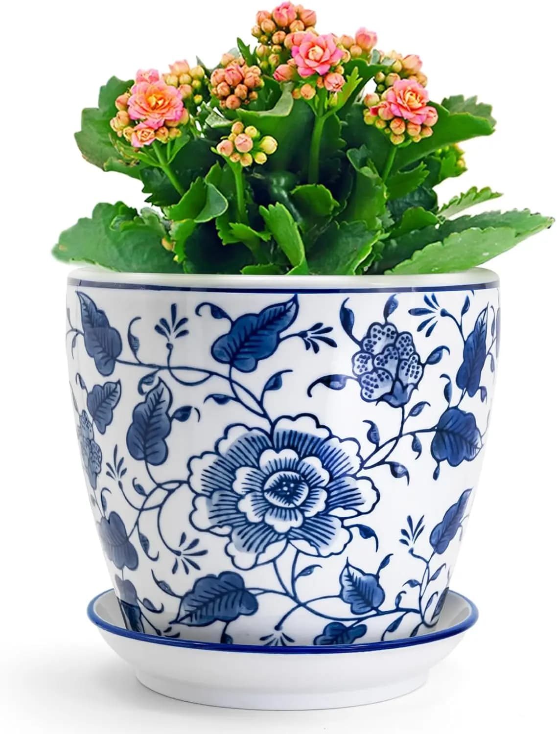 Vaso per Piante in Ceramica Blu e Bianco da 8 Pollici con Foro di Drenaggio e Sottovaso per Piante da Interno