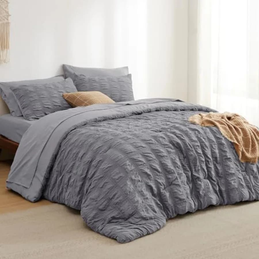 Set Letto Completo - 7 Pezzi, Set Copripiumino in Seersucker a Quadri, Morbido e Leggero, Grigio Stile Boho, con Copripiumini e Lenzuola