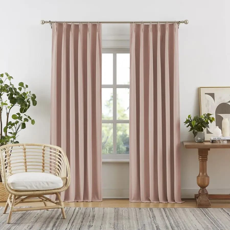 Antique 90 inch pink obscurant curtains, with pinched pleats, powder pink color, with hooks, viral folded curtains.