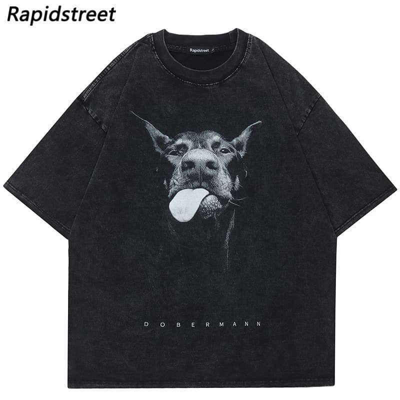 T-shirt nera lavata oversize da uomo Hip Hop Streetwear T-shirt grafica per cani Doberman T-shirt estiva allentata in cotone Harajuku Hipster
