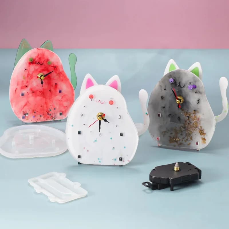 Stampo in silicone epossidico fai da te a forma di gatto carino per orologio da tavolo, stampi per quadrante rotondo, decorazioni da parete, strumenti per la creazione di gioielli