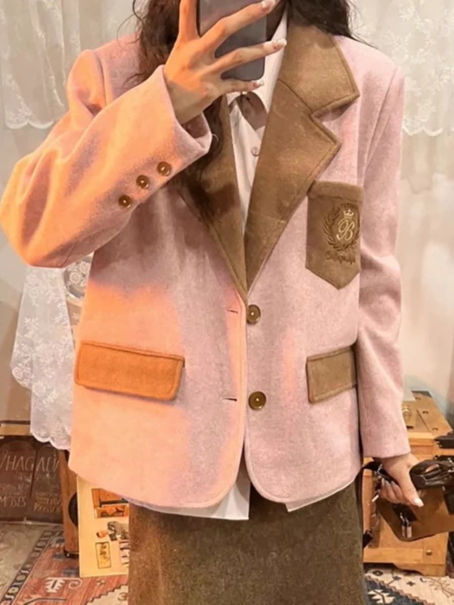 Giacca Rosa da Donna, Stile Coreano, Moda Autunno Inverno, Corta, Slim Fit, Elegante e Raffinata