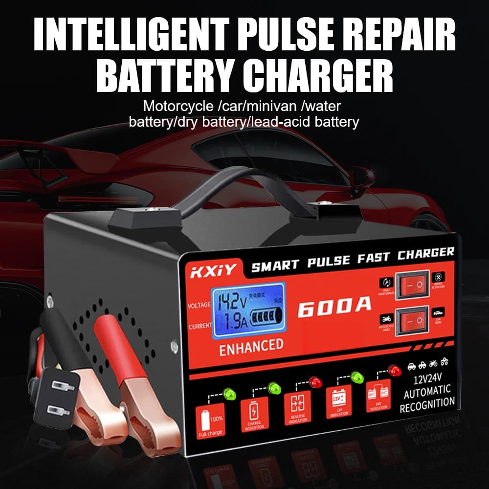 12V 24V 600A Rilevazione della temperatura di tensione Caricabatteria per auto Display LCD digitale Riparazione di impulsi intelligente Arresto automatico