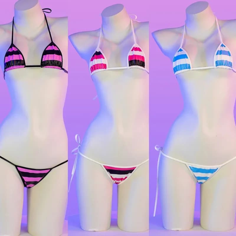Set Bikini Micro in Pelle PU Estivo Costume da Bagno a Righe Luminose Anime Intimo Erotico Sexy Lingerie Costume