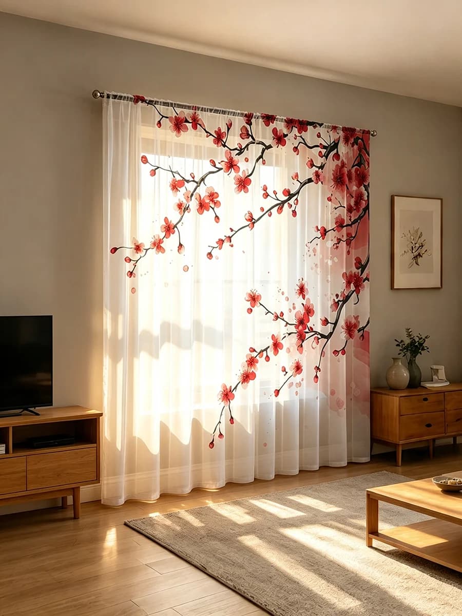 2PCS Digital Print Sheer Curtains Red Plum Blossom Branch Print Chinese Style A&B Sheer Window Curtains