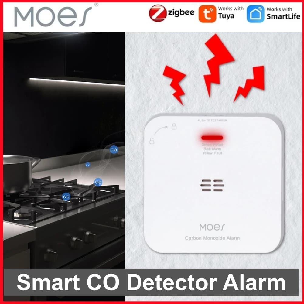 Allarme CO Wireless Intelligente MOES, Rilevatore di Monossido di Carbonio e Fughe di Gas, Compatibile con App Tuya, Sensore ZigBee per la Sicurezza di Casa e Cucina
