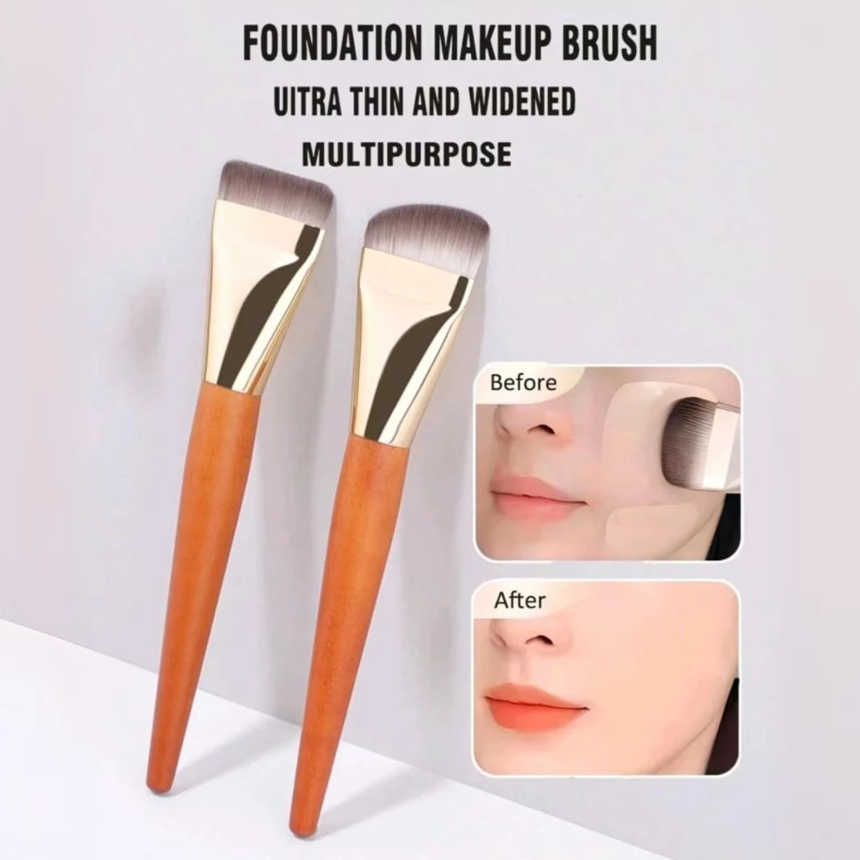 Pack of 2 brushes for flat head foundation, with one word/head tilted, ultra-thin without trace