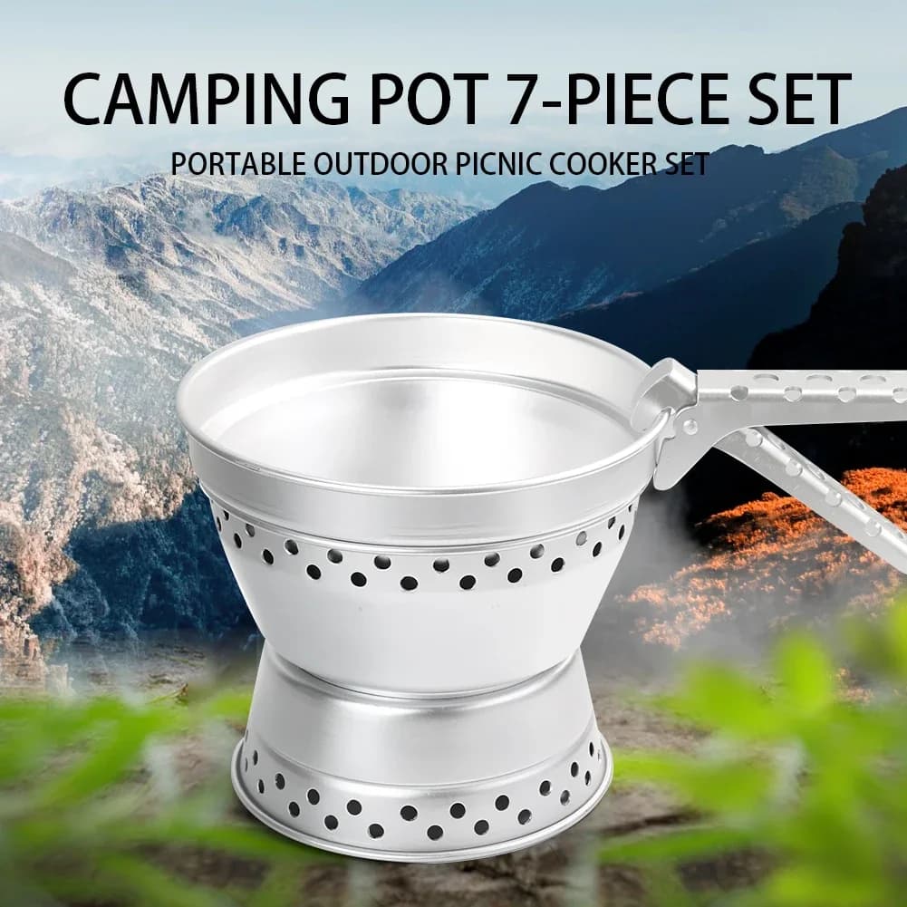 Camping Kitchen Alcohol Stove Portable Aluminum Alloy Pentola Outdoor Picnic Pentol Fishing Hiking Gadget Set of 7 pieces