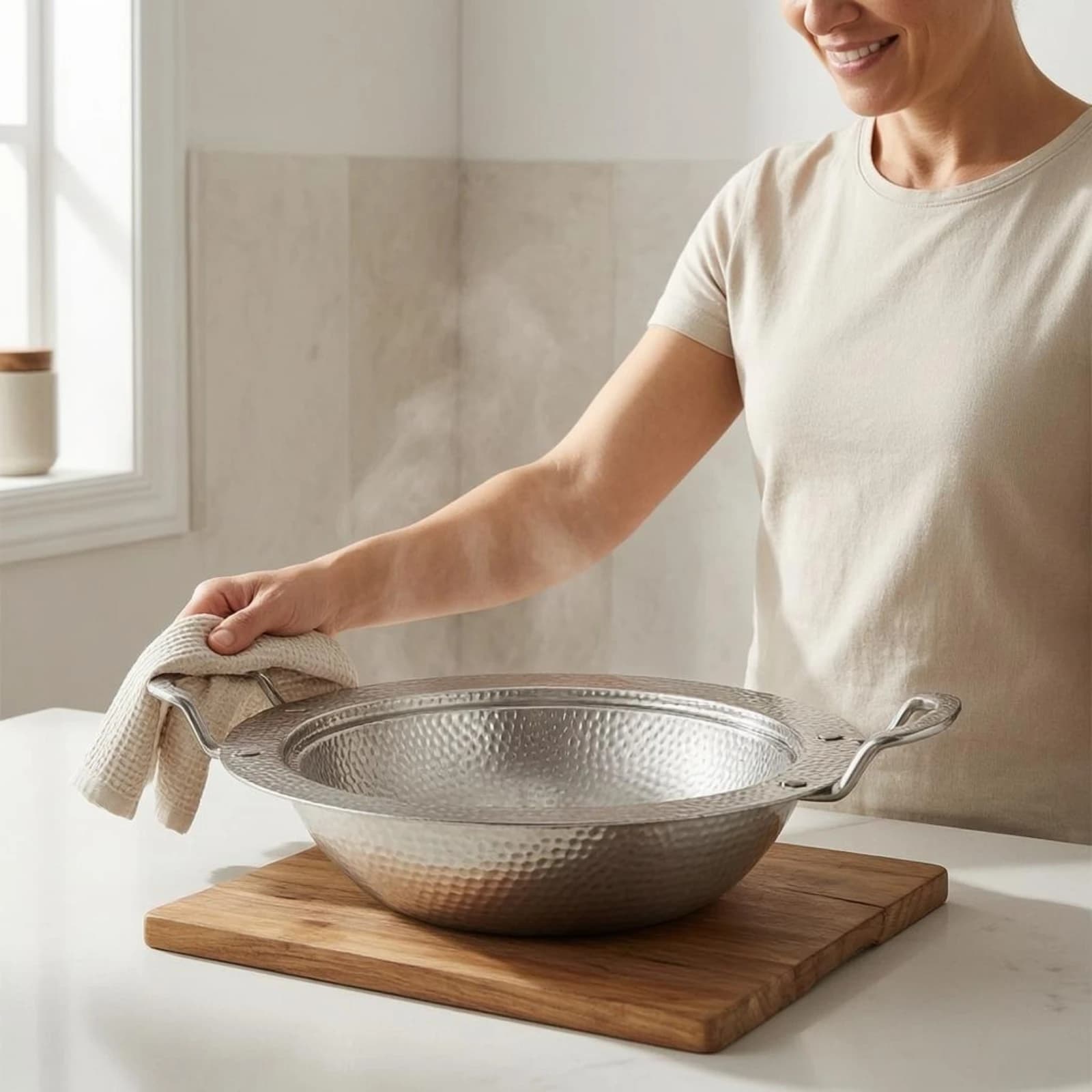 Round Stainless Steel Serving Pan Wide Rim Hammered Stainless Steel Frying Pan Cookware Shallow Scratch Resistant for Cooking