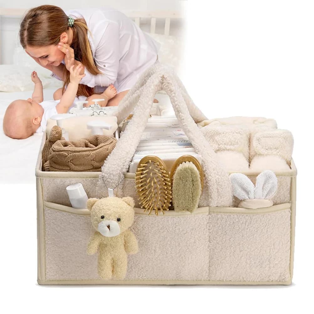 Cestino portaoggetti per asilo nido in peluche per bambini, borsa per pannolini per neonati con manico, portaoggetti per fasciatoio per pannolini, tasca grande