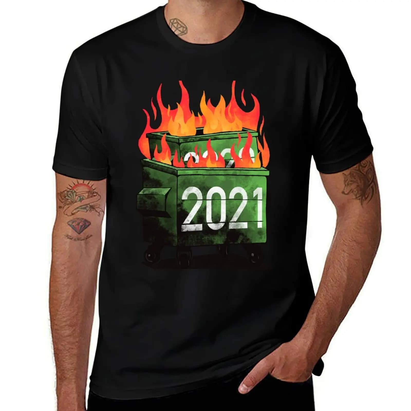 2021 Double Dumpster Fire 2020 Big Trash Can Burning Meme T-Shirt Dry Fit Running Short Sleeve Top