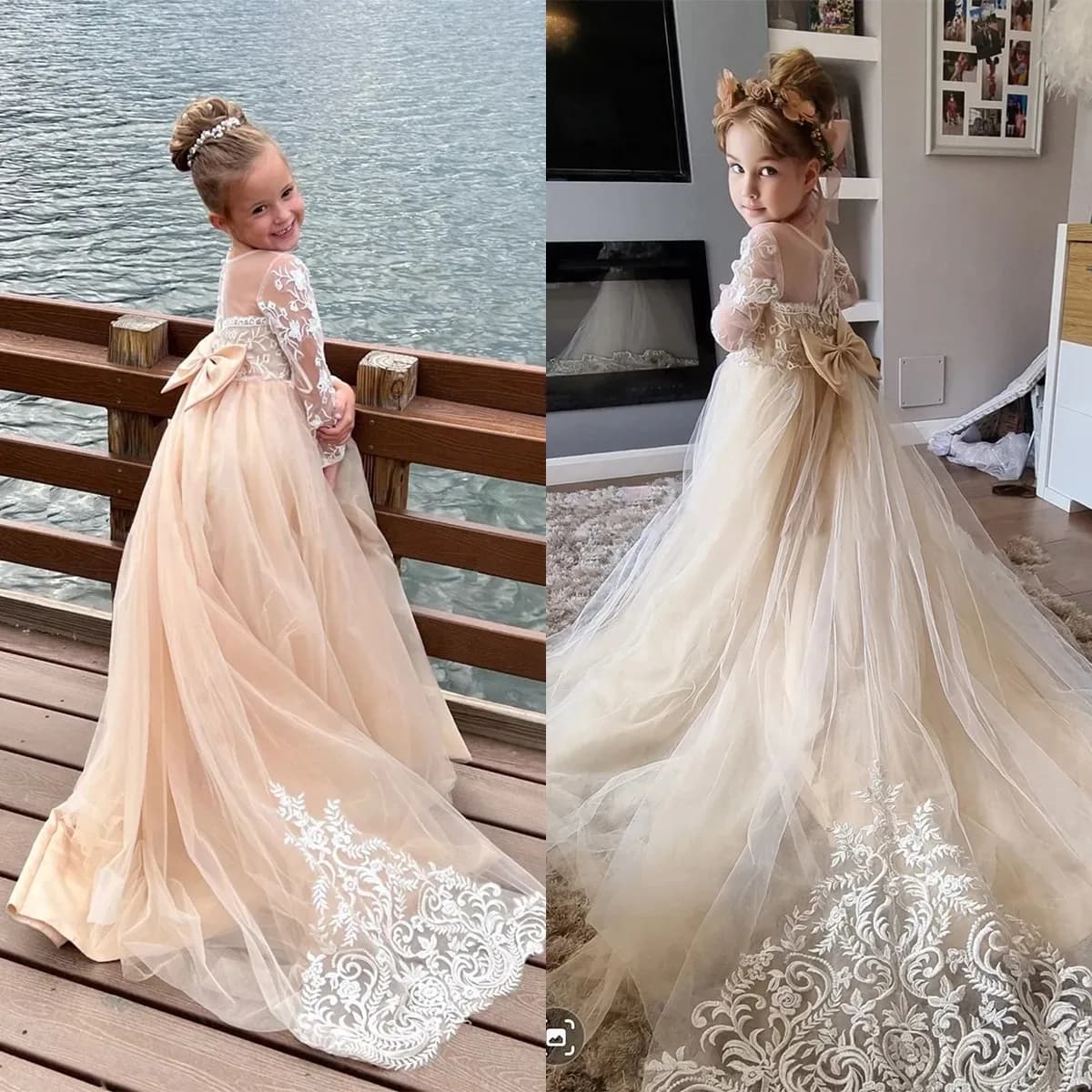 Flower Girl Dresses for Wedding with Lace Applications With Bow Sleeveless Dance Dresses Full Sleeved Birthday Dance Dresses for Baby
