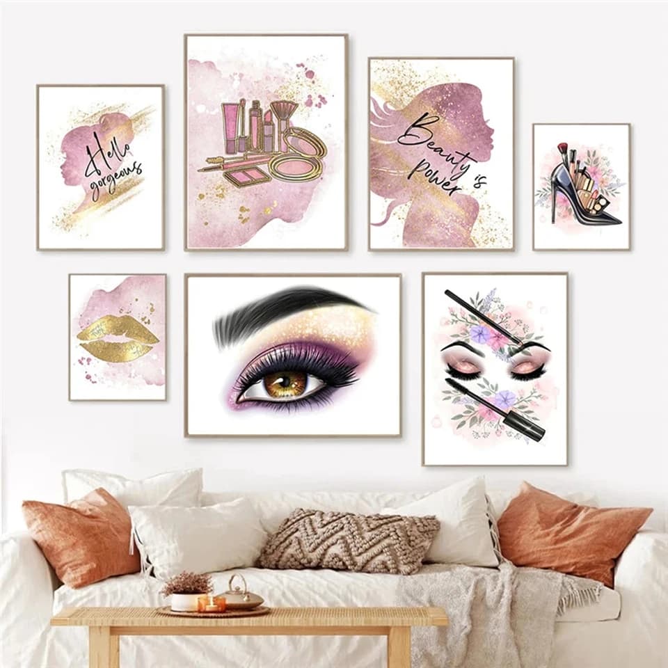 Moda Rossetto Mascara Labbra d'oro Pittura diamante fai da te Nuovo 2023 Trucco Wall Art Decorazione salone di bellezza Ragazza Camera Home Decor