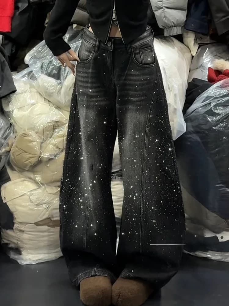 Retro American Loose Fit Women's Jeans Glitter Diamond Patchwork Dragging Pants Natural Waist Pure Color Winter Outdoor