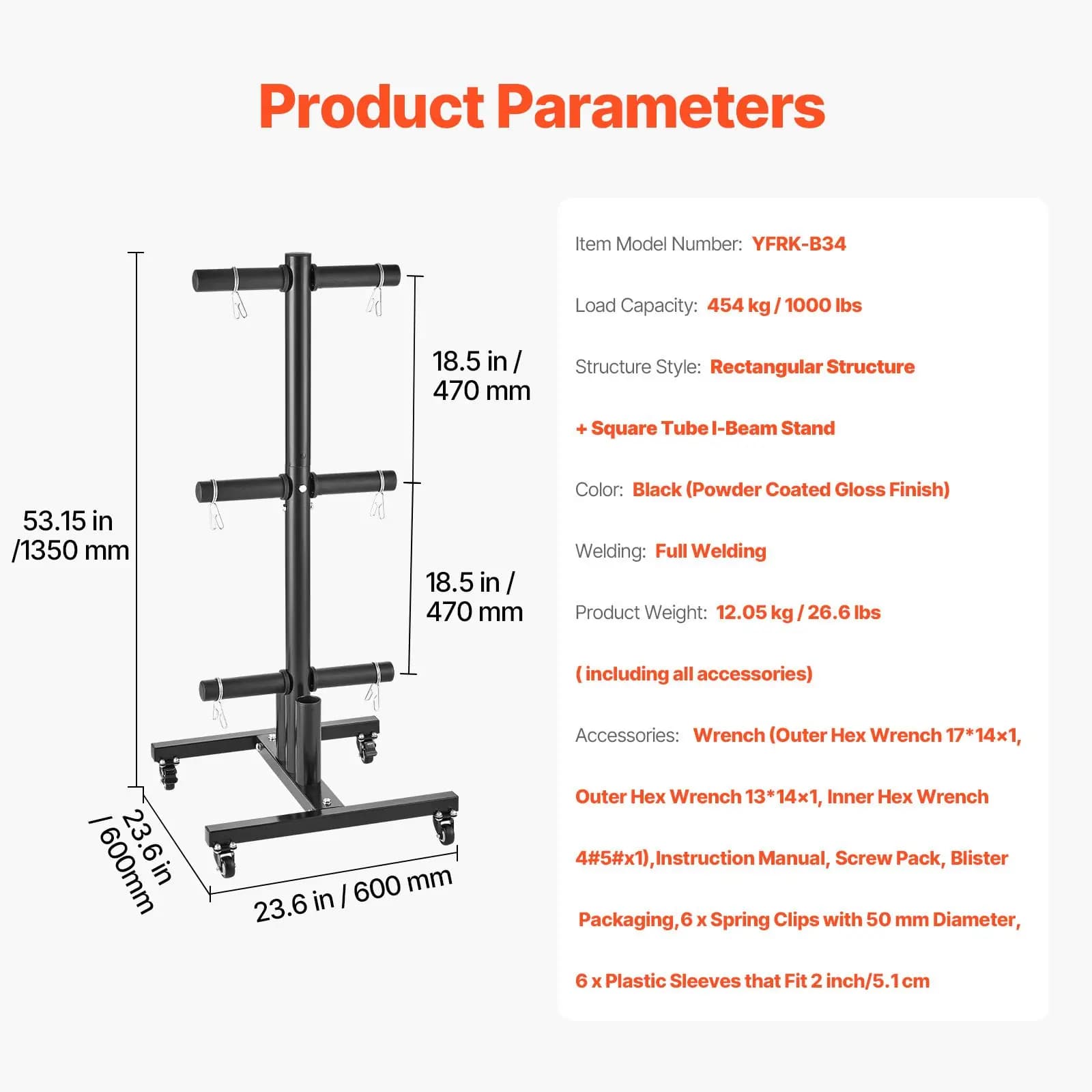 Weight Plate Rack, Vertical Weight Plate Tree for 2-Inch Weight Plates, Standard Weight Plate Tree with Wheels, 1000 lbs Load Capacity Weight Storage Holder, Home Gym Barbell Rack Storage Stand