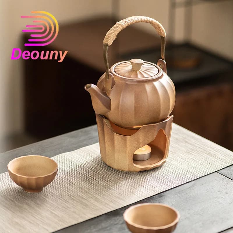 DEOUNY Coarse pottery teapot enclosed stove with open flame candle holder easy to warm tea set outdoor brewing Tea Pot