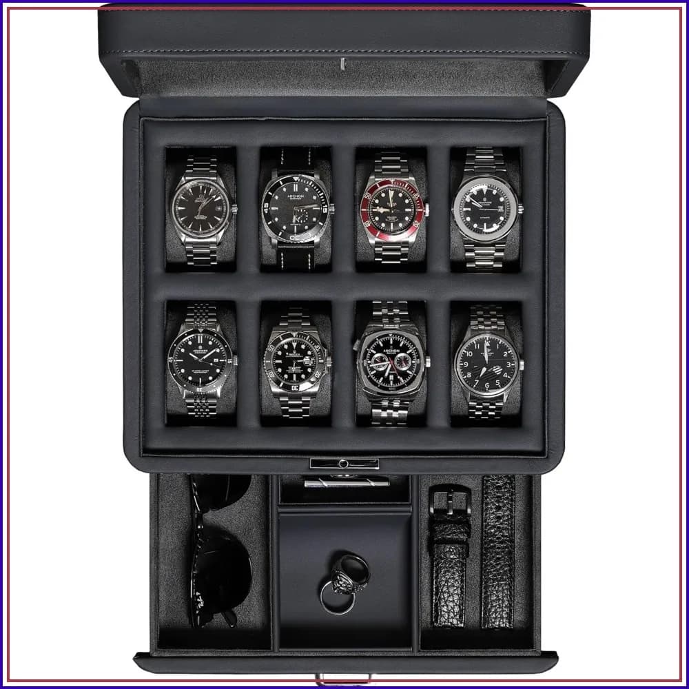 8 Slot Leather Watch Box with Valet Drawer - Luxury Display Case, Real Glass Top, Locking Storage for Men & Women