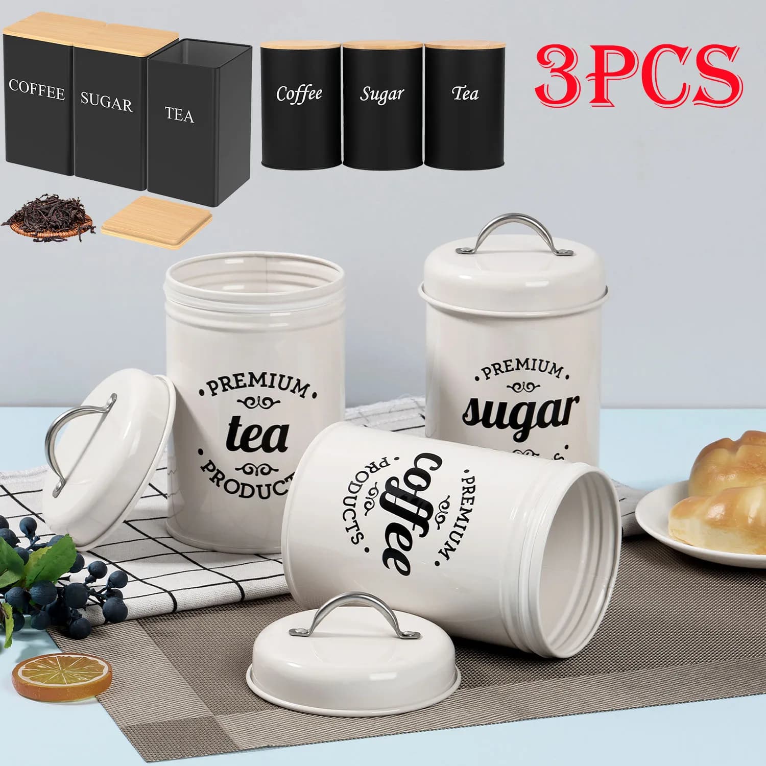 3 pezzi di chicchi di caffè organizzatore da cucina tè caffè contenitori di zucchero set con coperchio lattine di stoccaggio alimentare in metallo per forniture di stoccaggio da cucina