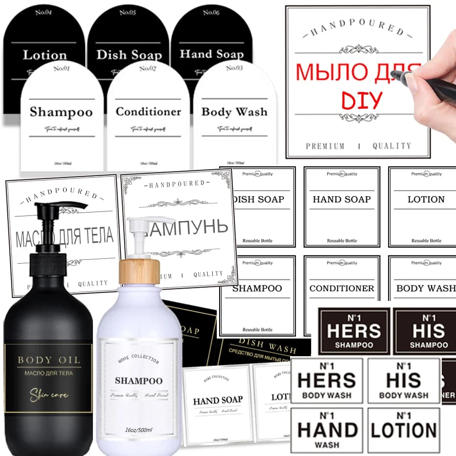 Set di etichette per dispenser di sapone da bagno Set di etichette rimovibili per shampoo, gel doccia, balsamo, sapone, bottiglia adesiva, set di etichette impermeabili