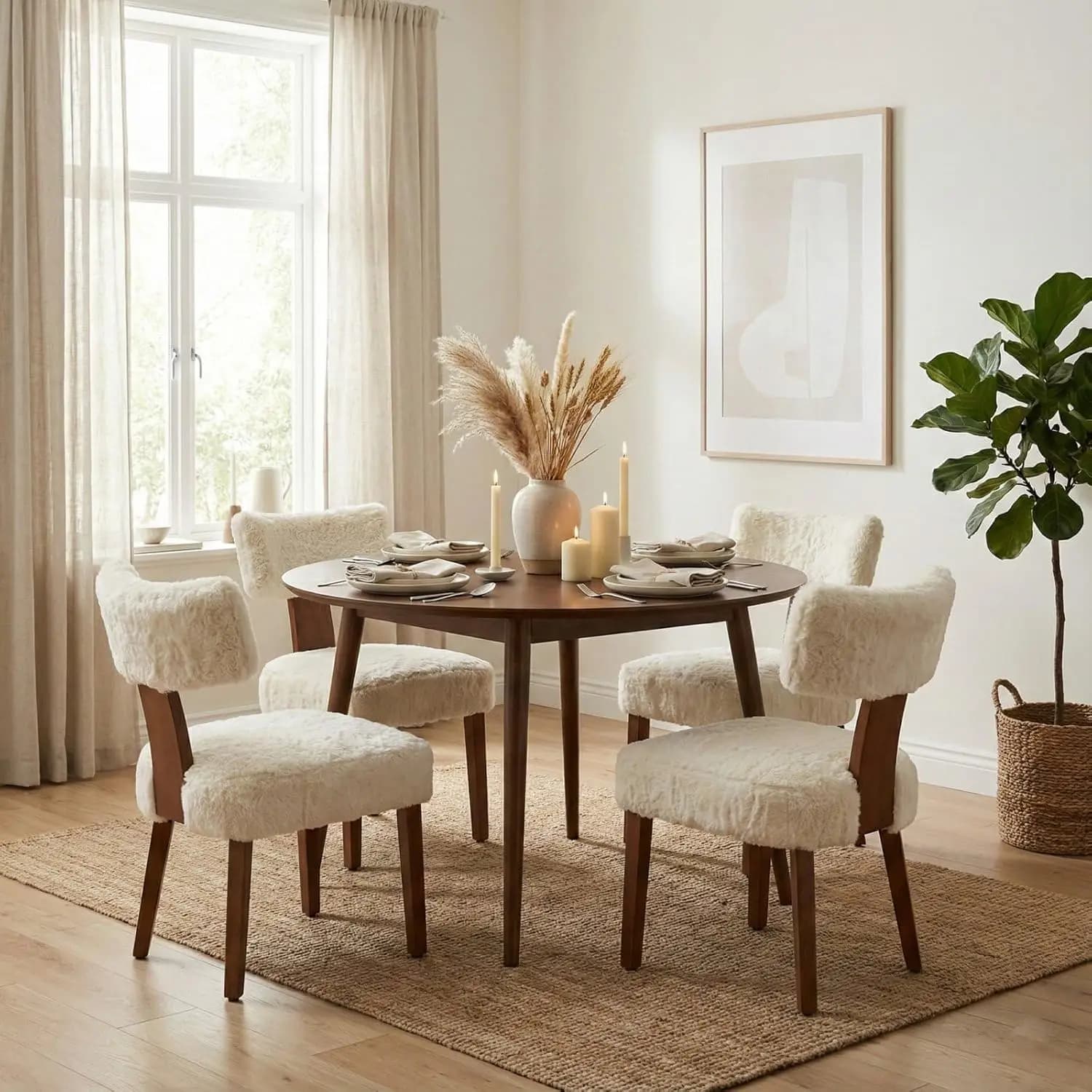 Set di 4 Sedie da Pranzo in Tessuto Effetto Pelliccia Stile Mid-Century, Schienale Curvo, Gambe in Legno, per Cucina, Colore Avorio, Personalizzabili
