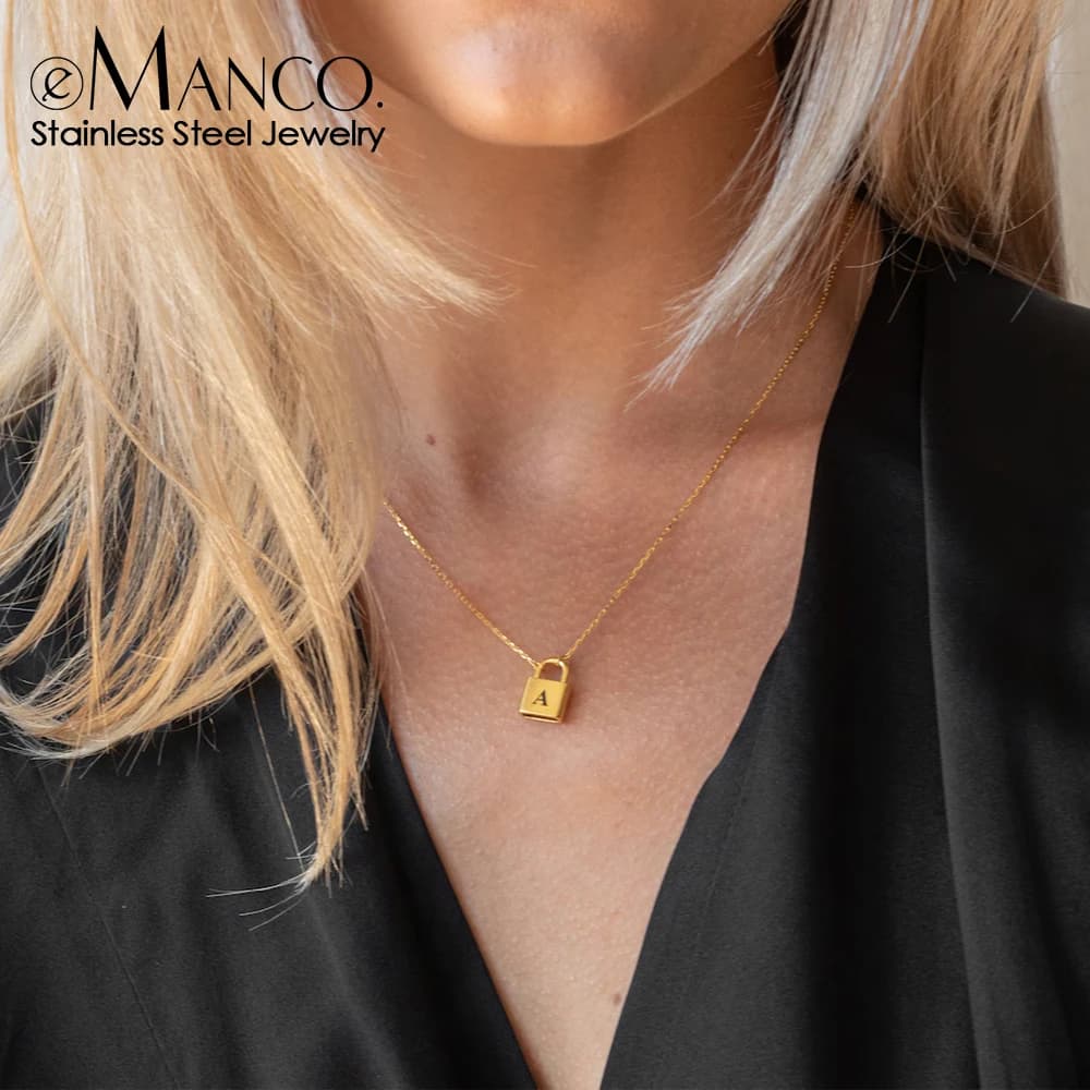 EManco Minimalist 14K Gold Plated Stainless Steel Locking Initial Pendant Women's Padlock Necklace Wholesale