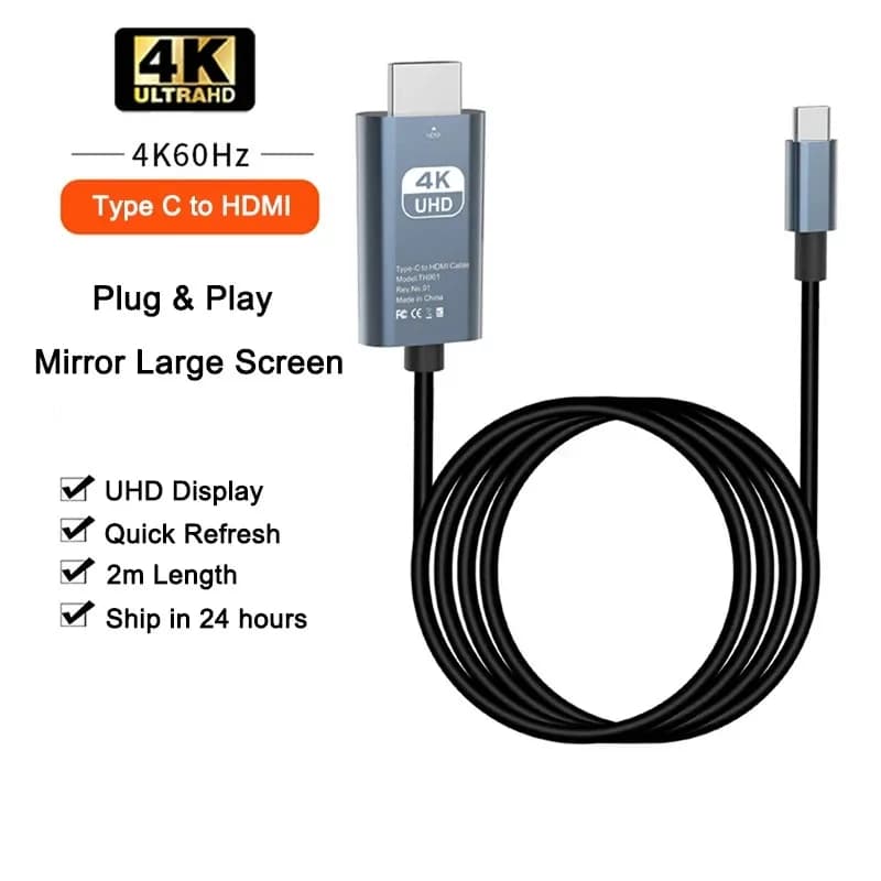 Cavo da USB C a HDMI 2M/6.6FT 4K 30/60Hz adattatore convertitore da tipo C a HDMI HD TV per IPhone 15 MacBook Pro/Air IPad Samsung Laptop