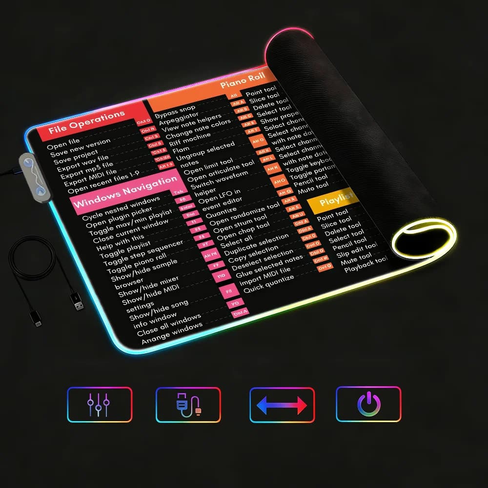 Tappetino per mouse con scorciatoie per Word, Excel e PowerPoint, RGB LED, antiscivolo, in gomma, accessori da gaming, grande XXL, tappetino per tastiera da ufficio e computer.