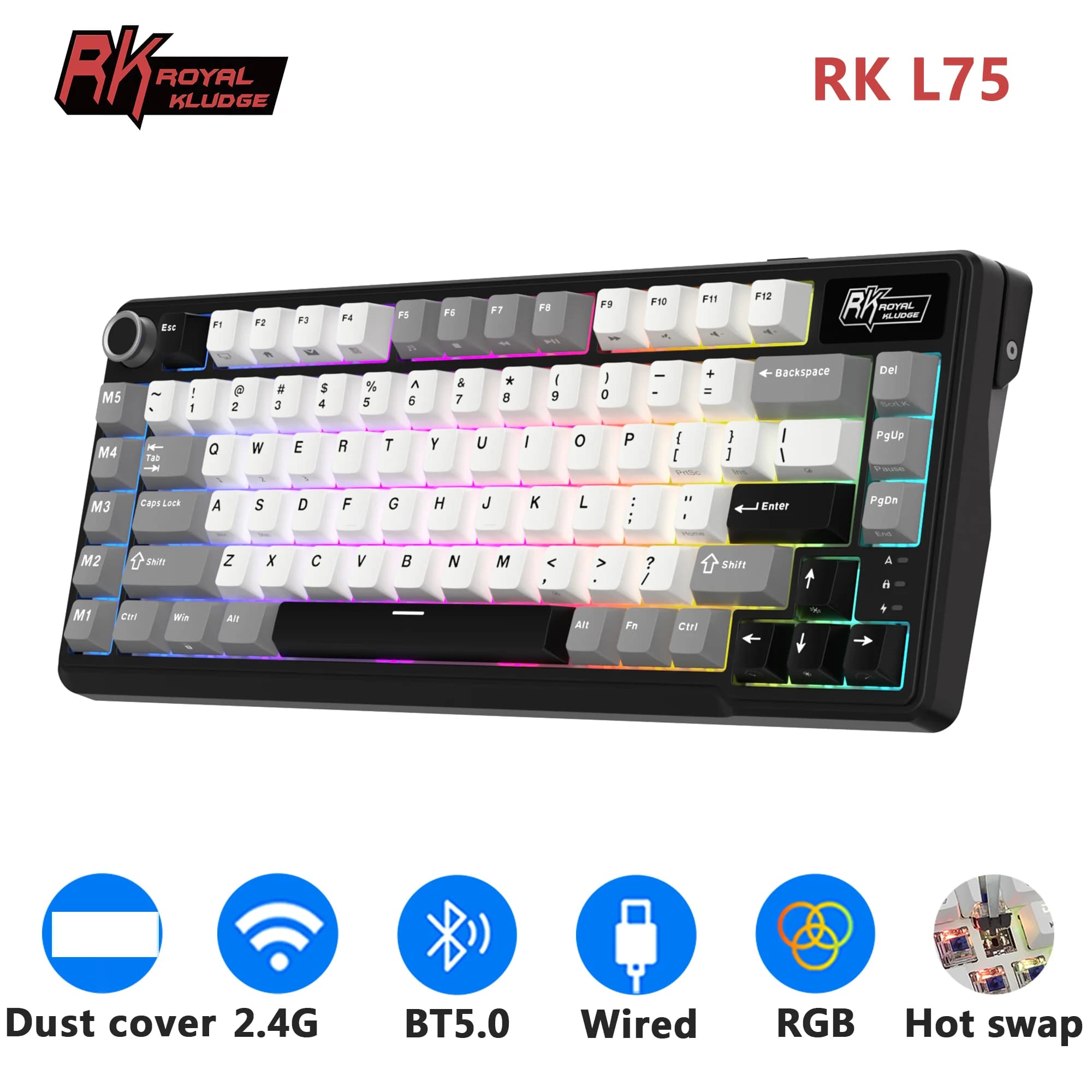 Tastiera Meccanica Wireless Tri-Modal RK ROYAL KLUDGE L75 con Tasti Funzione, Manopola, Struttura Gasket, RGB, Hot-swappable per Gamer