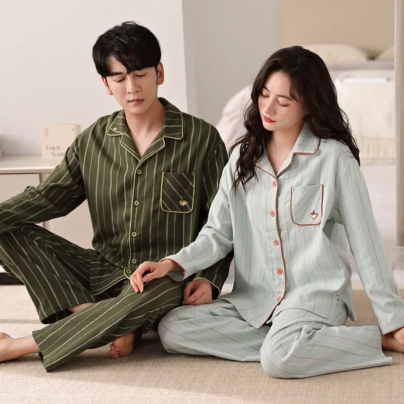 Cotone coppia pigiama primavera cotone manica lunga uomo e donna autunno Cardigan Homewear Big Size M-3XL Pjs Young Boy Girl pigiama