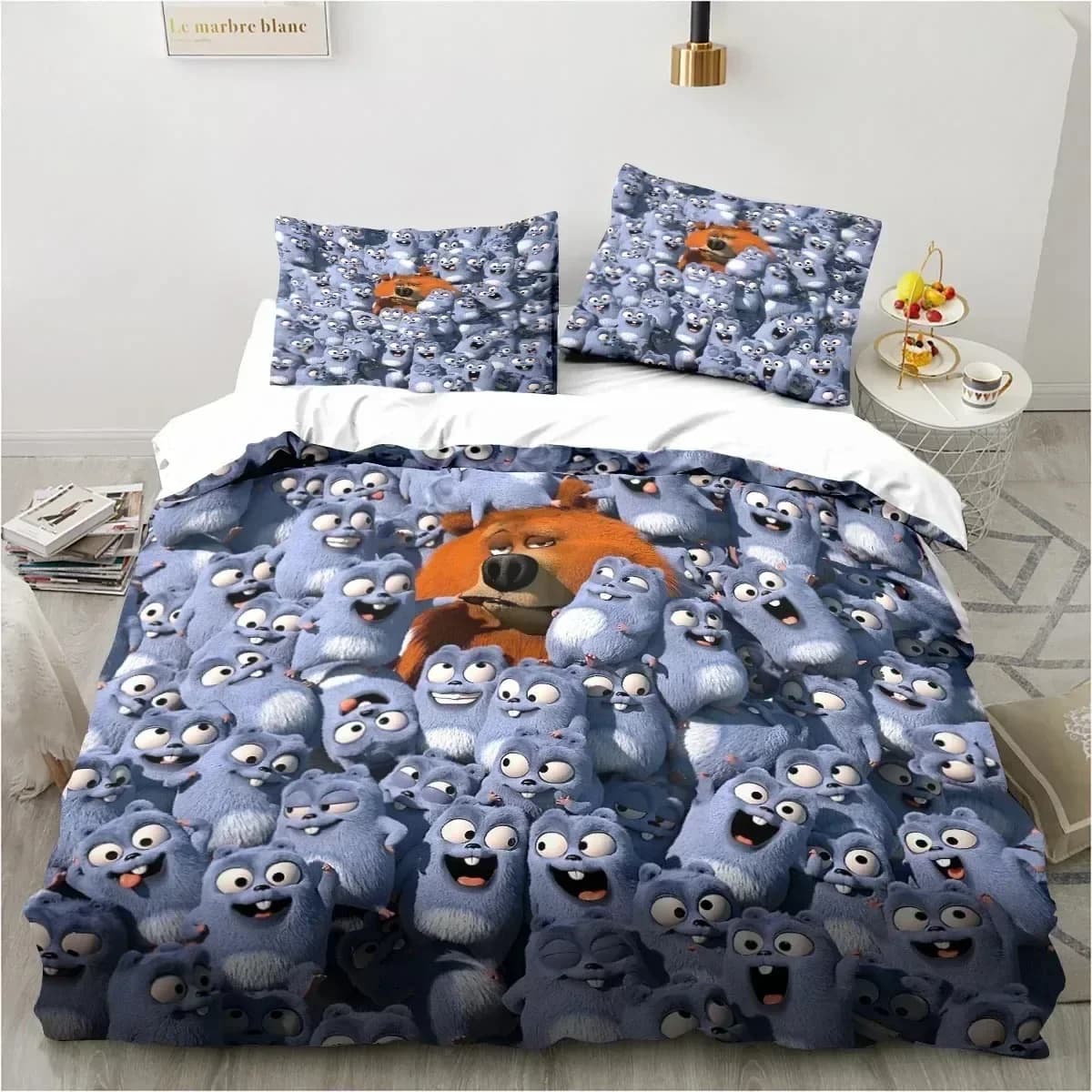 Set di biancheria da letto Grizzy and The Lemmings, copripiumino, lenzuolo stampato, federa, set completo per letto matrimoniale, queen size, king size, per camera da letto