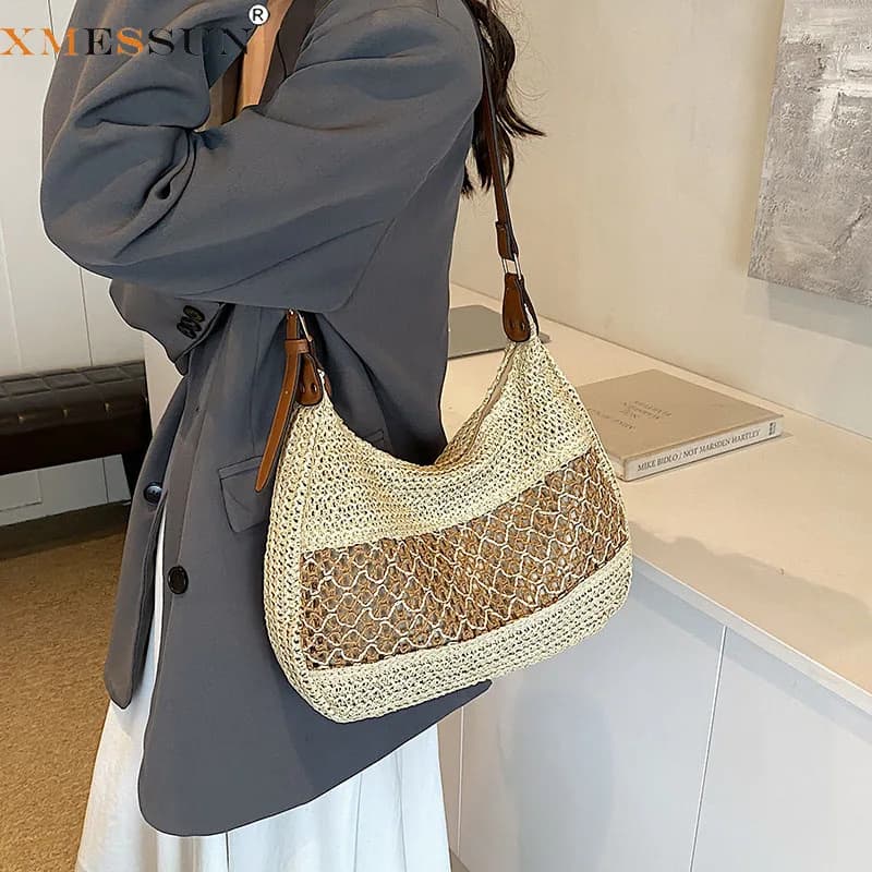 XMESSUN New Summer Large Capacity Straw Weaving Shoulder Bag for Women,Handmade Beach Handbag Hollow out Woven Underarm Bag