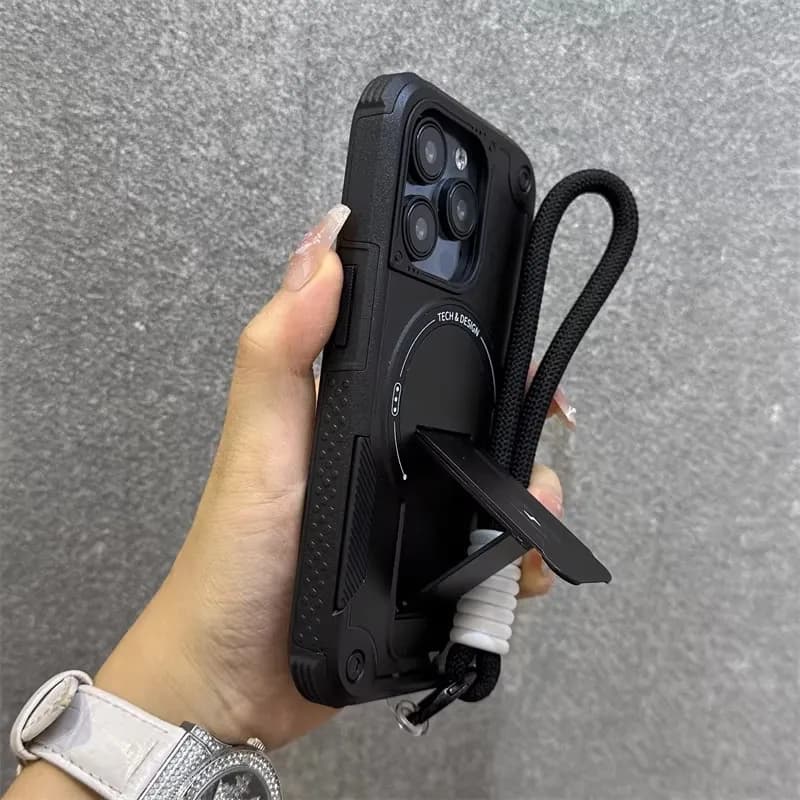 Luxury Stand Holder Anti-fall for Magsafe Phone Case for IPhone 17 16 13 12 Pro Max 15 14 Plus Wrist Strap Shockproof Back Cover