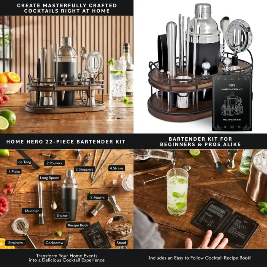 Set da Barman - Kit Cocktail da 22 Pezzi con Shaker - Accessori per Carrello Bar con Espositore in Legno - Libro di Ricette, Regalo di Benvenuto