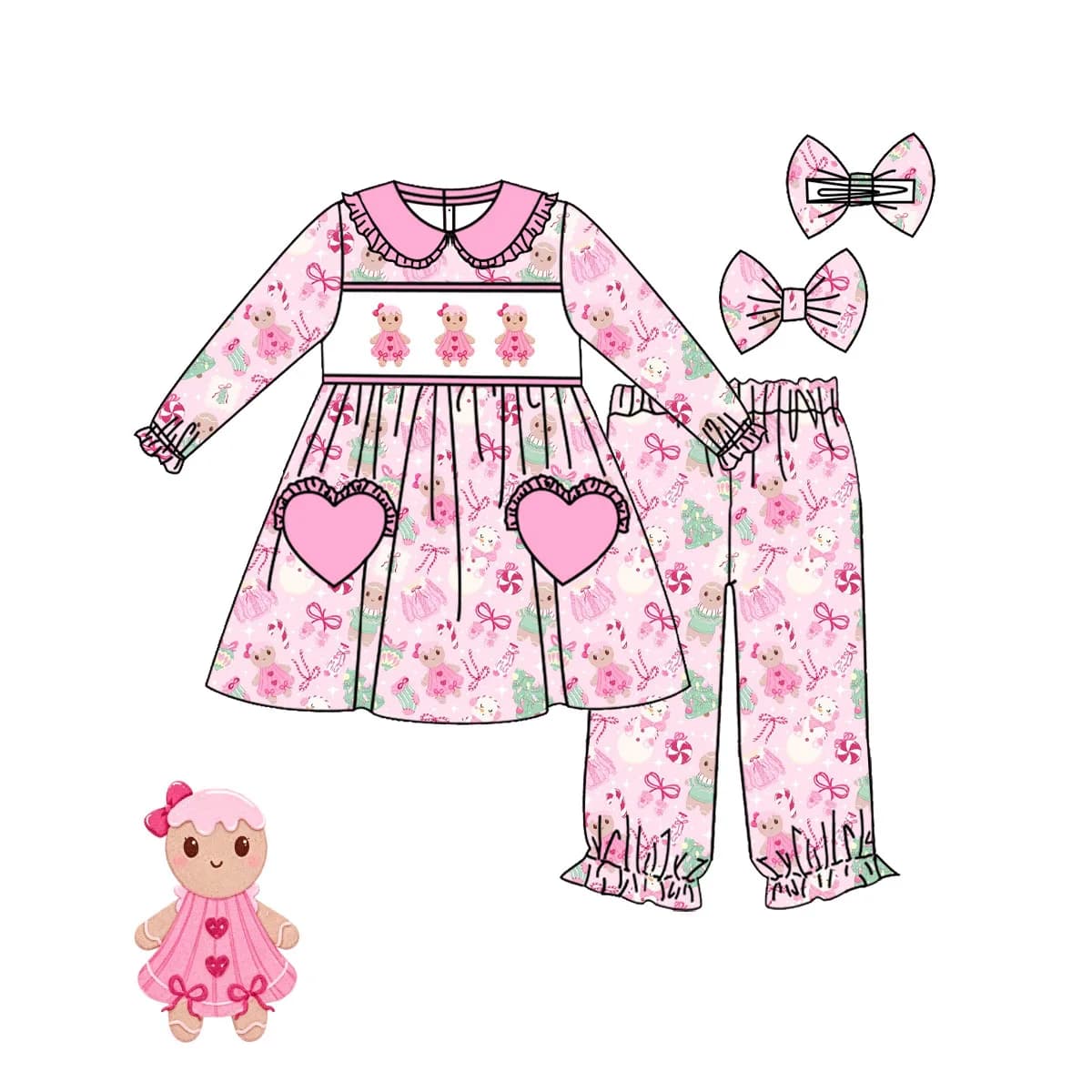 New Toddler Girls Pink Gingerbread Man Candy Outfits Kids Christmas Pajamas Dress Romper Robe Sleep Set