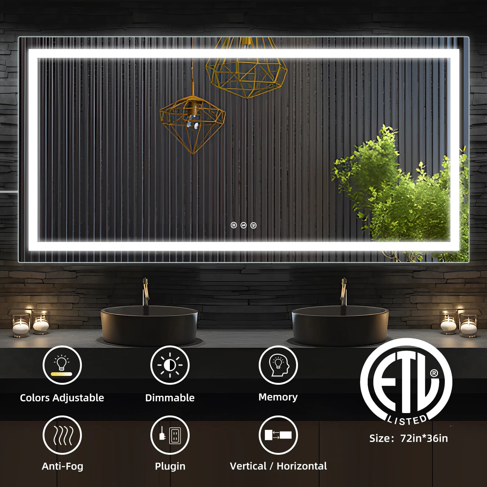 Specchio da bagno a LED multi-dimensione con retroilluminazione frontale e retroilluminazione Specchi da parete dimmerabili in continuo con memoria infrangibile antiappannamento 3 colori