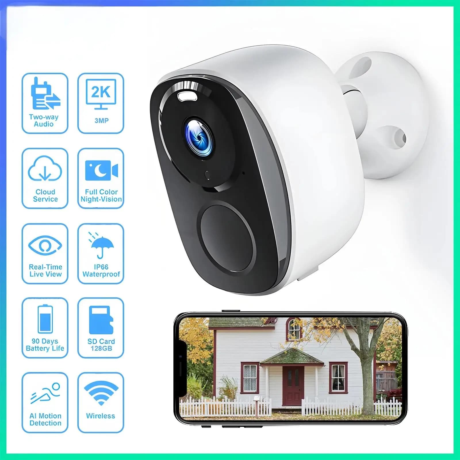 Telecamera di sorveglianza WIFI 3MP Protezione di sicurezza Telecamera IP esterna Videoregistratore per visione notturna Smart Home Alimentato a batteria