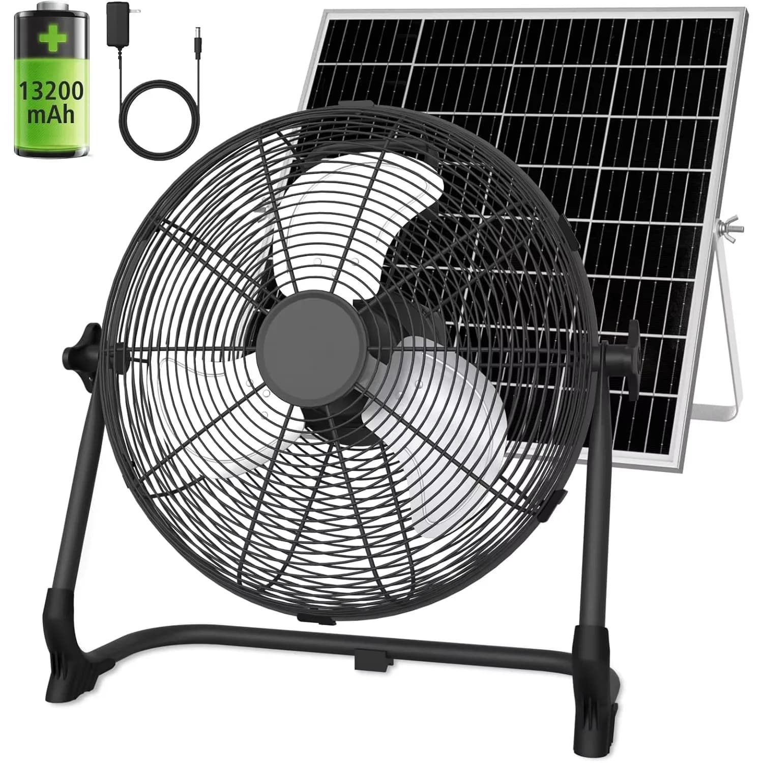 Ventilatore da Terra Solare Portatile da 12 Pollici, Ricaricabile, per Casa, Garage, Fabbrica, Alimentato a Batteria, per Interni ed Esterni, Pesca e Campeggio