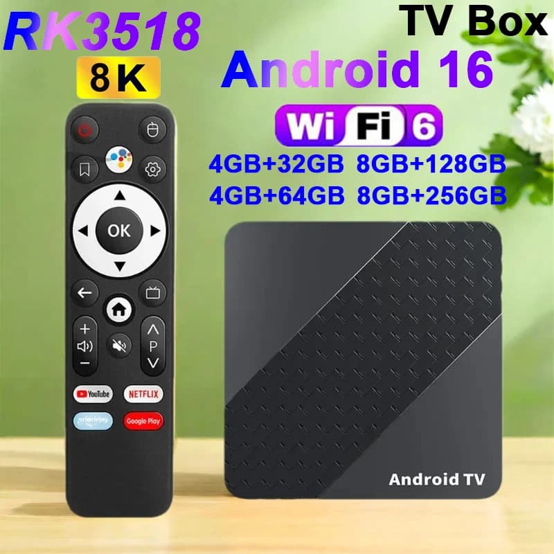TV Box Android 16 RK3518 HD 8K Video X10 Supporto 2.4 e 5G Dual Wifi6 BT5.4 Telecomando vocale Assistente vocale Google HDR10 + Lettore multimediale