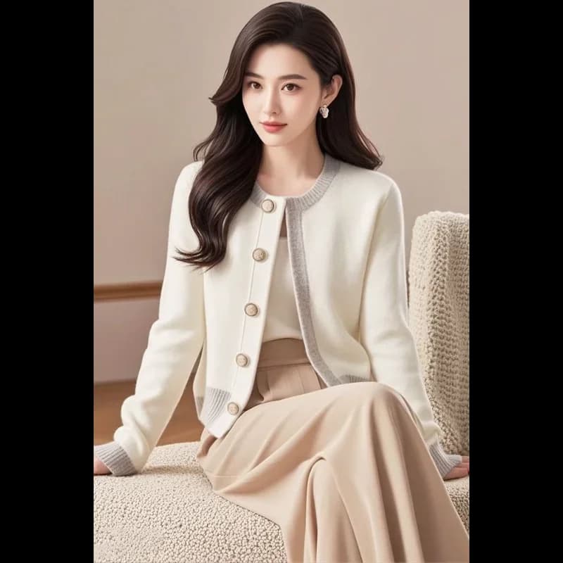 Knitted Color-blocking Loose Sweater Jacket Spring and Autumn Style Age-reducing Korean Round Neck Cardigan Top Women's Clothing