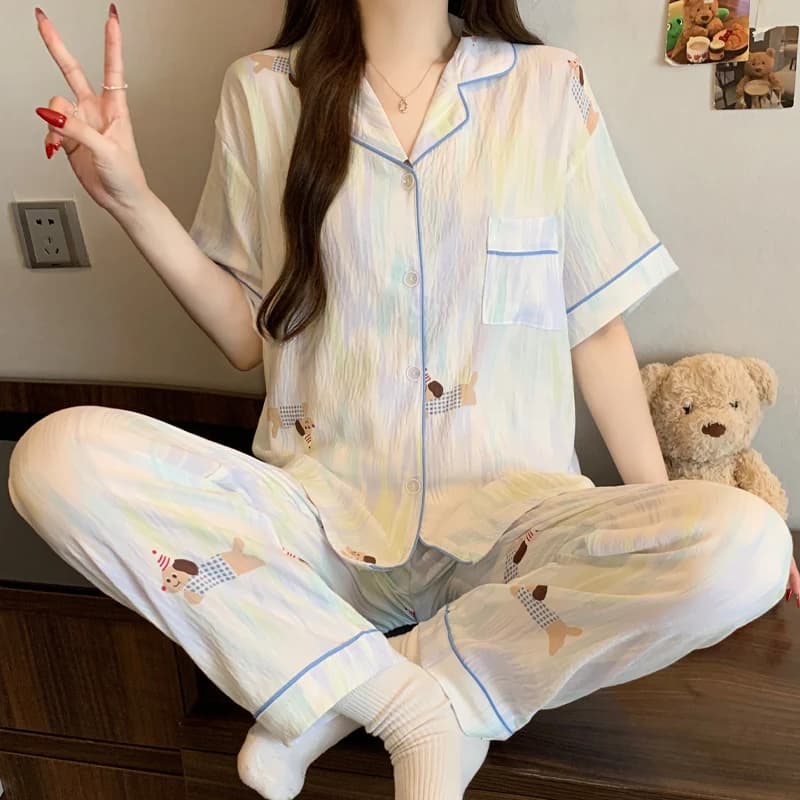 Pigiama da donna a maniche corte con pantaloni, divertente motivo cane a forma di salsiccia, delicato sulla pelle, abbigliamento da casa, set pigiama da donna, abbigliamento da notte, homewear.