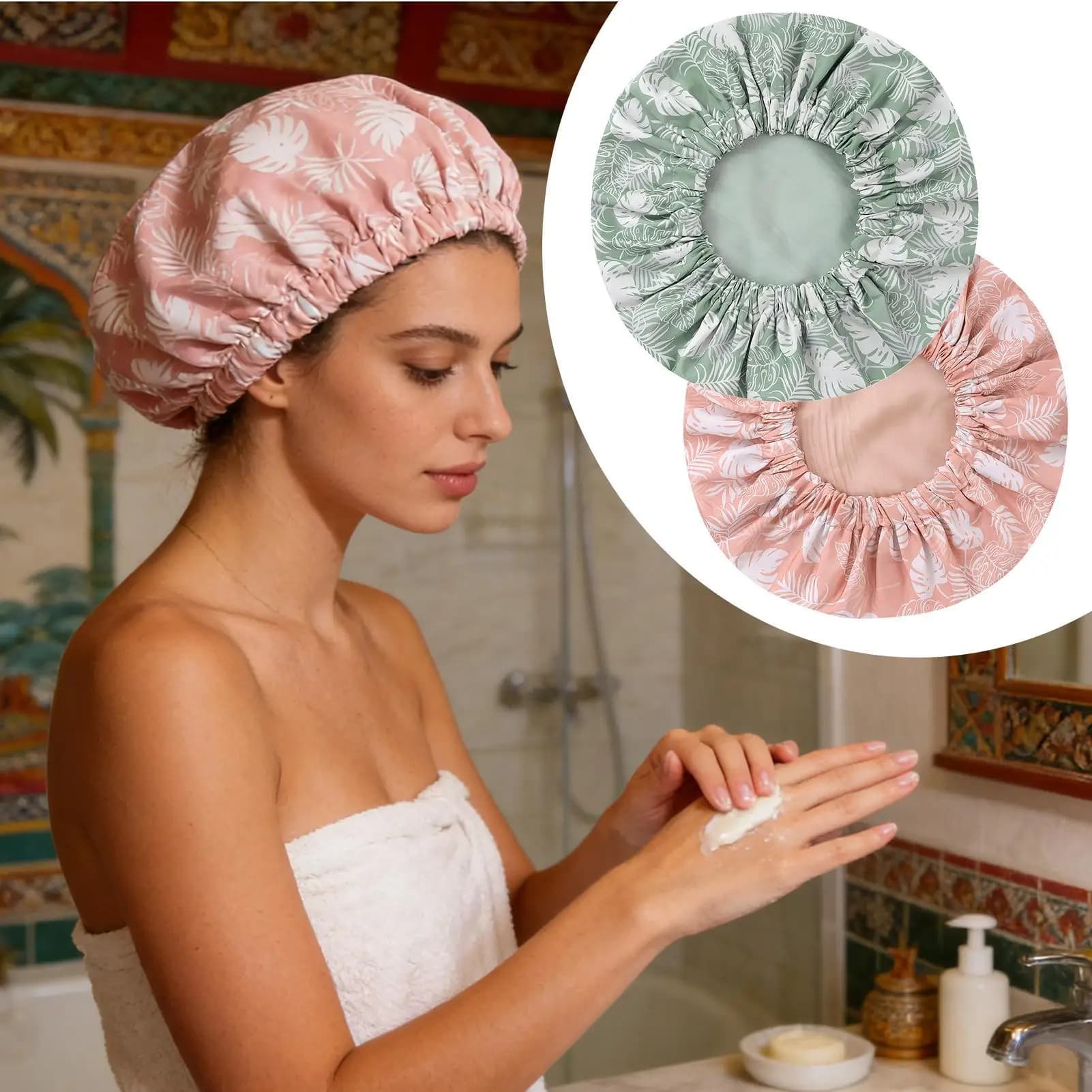 Cuffia da doccia riutilizzabile impermeabile a doppio strato, copricapo per capelli, cuffie da doccia per donna, riutilizzabili e impermeabili per bagno, nuoto, viaggi, casa, spa