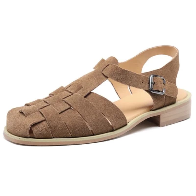 Sandali da uomo in pelle, nuovi sandali da uomo con suola piatta, sandali casual versatili con punta tonda e striscia, scarpe singole