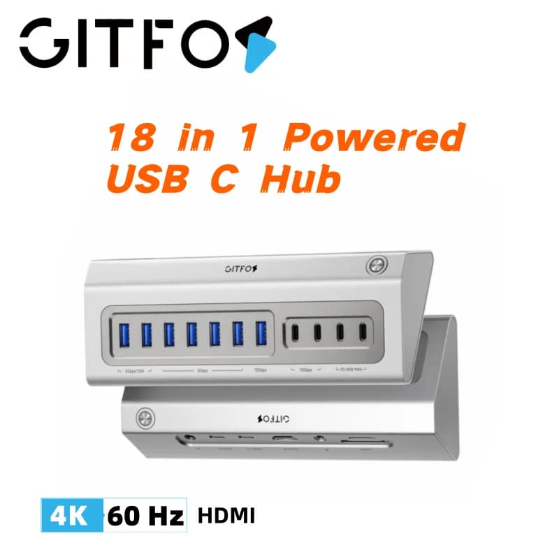 Hub USB Giftos, Hub USB 3.2 18-in-1 con HDMI 4K, PD 100W, Ricarica 45W, USB 10Gbps, per Laptop, Mac, iPhone 17/16, iPad