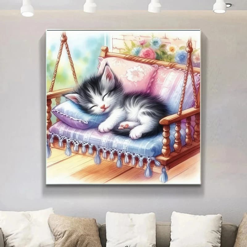 Kit Painting Diamond Cat Cute, Full Round Mosaic, 5D Embroidery DIY, Sleepy Cat Picture with Rhinestones, Home Decoration