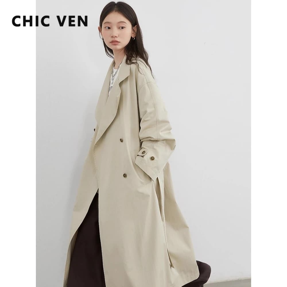 CHIC VEN Moda Donna Trench lungo Cintura solida Allentato Giacca a vento casual Doppiopetto Cappotto femminile Primavera Autunno 2025